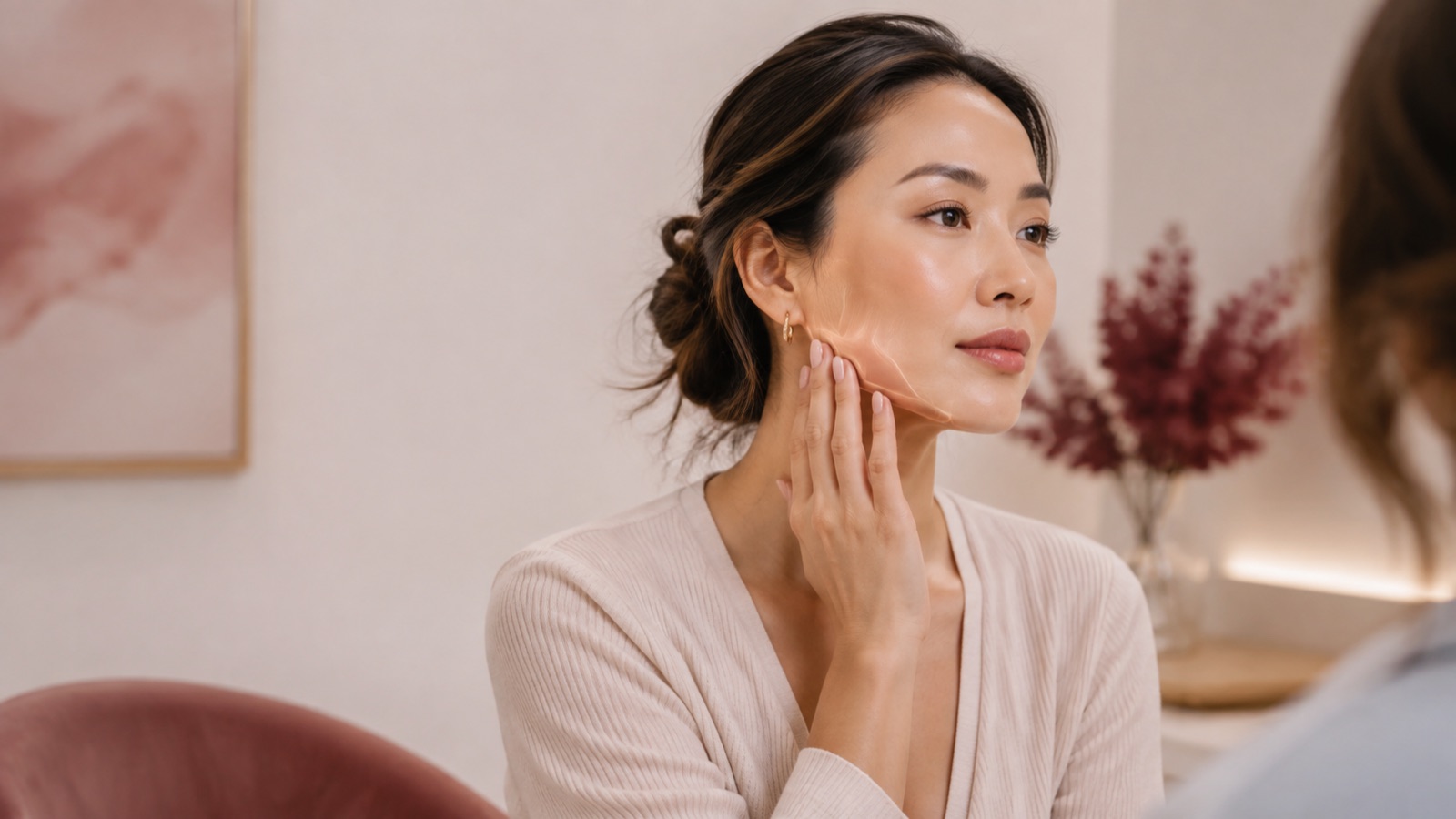 A woman touching her jaw during a calm aesthetics consultation